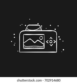 Camera icon in doodle sketch lines. Photography picture electronic imaging