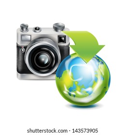 camera icon and earth globe isolated on white
