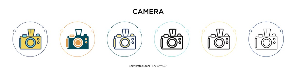 Camera icon in filled, thin line, outline and stroke style. Vector illustration of two colored and black camera vector icons designs can be used for mobile, ui, web