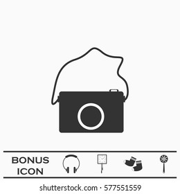 Camera icon flat. Black pictogram on white background. Vector illustration symbol and bonus button