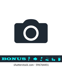 Camera icon flat. Black pictogram on white background. Vector illustration symbol and bonus button