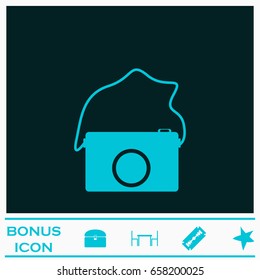 Camera icon flat. Blue pictogram on dark background. Vector illustration symbol and bonus icons