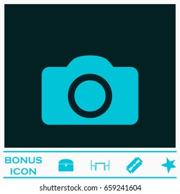 Camera icon flat. Blue pictogram on dark background. Vector illustration symbol and bonus icons