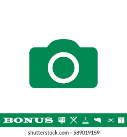 Camera icon flat. Green pictogram on white background. Vector illustration symbol and bonus button