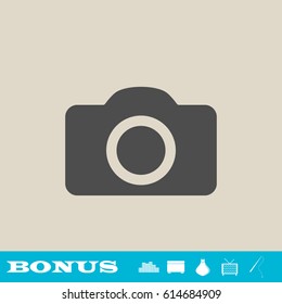 Camera icon flat. Grey pictogram on light background. Vector illustration symbol and bonus button real estate, ottoman, vase, tv, fishing rod
