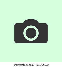 Camera icon flat. Grey vector symbol on green background