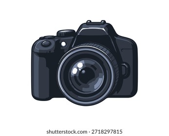 Kamerasymbol im flachen minimalistischen Stil, schwarzer Körper mit großem Objektiv, detaillierter Verschlussknopf und Griff. Reine Vektorgrafik für die Fotografie