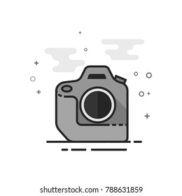 Camera icon in flat outlined grayscale style. Vector illustration.