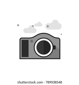 Camera icon in flat outlined grayscale style. Vector illustration.