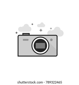 Camera icon in flat outlined grayscale style. Vector illustration.