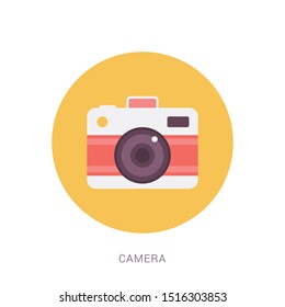 Camera icon, flat photo camera vector isolated. Yellow theme concept