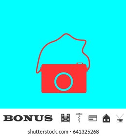 Camera icon flat. Red pictogram on blue background. Vector illustration symbol and bonus buttons Music center, corkscrew, credit card, house, drum