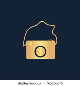 Camera icon flat. Simple gold pictogram on dark background. Vector illustration symbol