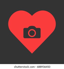 Camera icon flat. Simple pictogram on heart background. Vector illustration symbol