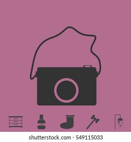 Camera icon flat. Simple vector grey pictogram and bonus symbol