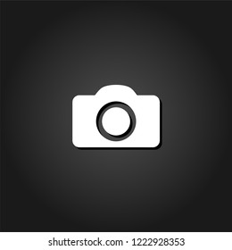 Camera icon flat. Simple White pictogram on black background with shadow. Vector illustration symbol