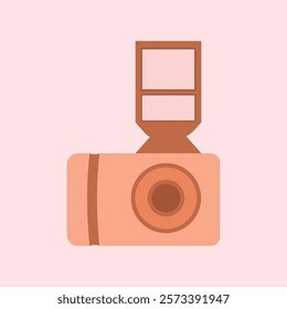 Camera icon in flat style. Illustration on a pink background. Retro camera illustration in flat design style. Design element illustration of digital camera