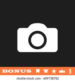 Camera icon flat. White pictogram on black background. Vector illustration symbol and bonus button tooth, vase, star, mirror, bottle