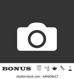 Camera icon flat. White pictogram on black background. Vector illustration symbol and bonus icons