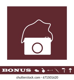 Camera icon flat. White pictogram on brown background. Vector illustration symbol and bonus icons