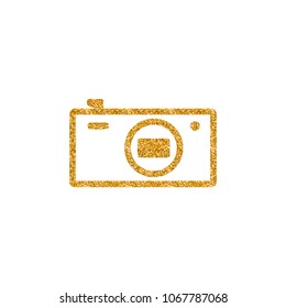 Camera icon in gold glitter texture. Sparkle luxury style vector illustration.