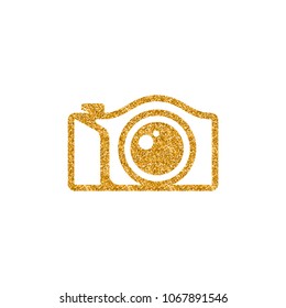 Camera icon in gold glitter texture. Sparkle luxury style vector illustration.