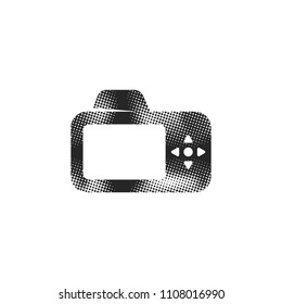 Camera icon in halftone style. Black and white monochrome vector illustration.