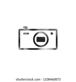 Camera icon in halftone style. Black and white monochrome vector illustration.