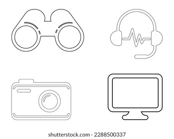 camera icon, headset icon, binocular icon, monitor icon outline design art, electronic products sing outline design, black and white symbol,