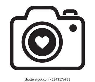 Camera icon with heart symbol inside lens representing portrait photography digital camera capturing love camera gear black and white