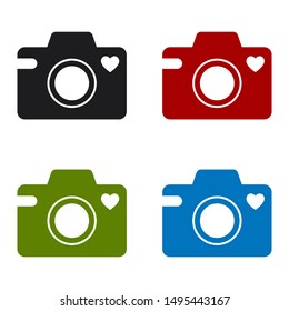 Camera icon with a heart symbol. Set of colored icons. Isolated vector illustration on white background.