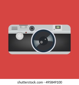 Camera icon illustration on the red background. Vector illustration