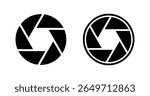 Camera icon. Camera lens. Black shutter zoom isolated on white background. Logo photo. Aperture diagram. Eye diaphragm. Silhouette circle lenses. Flat cinema circles for photos. Vector illustration
