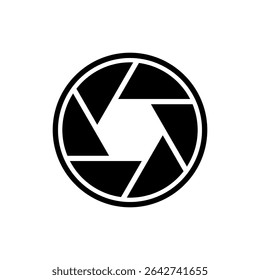 Camera icon. Camera lens. Black shutter zoom isolated on white background. Logo photo. Aperture diagram. Eye diaphragm. Silhouette circle lenses. Flat cinema circles for photos. Vector illustration