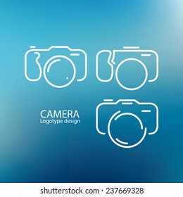 Camera icon, logo design on blue background.