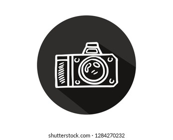 camera icon with long shadow, camera icon with modern line art style, hand drawn vector illustration.