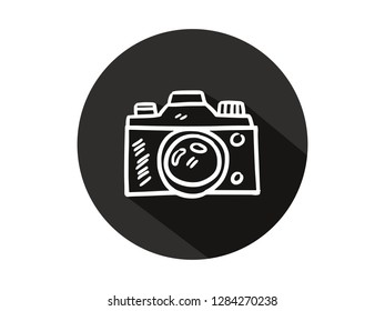camera icon with long shadow, camera icon with modern line art style, hand drawn vector illustration.