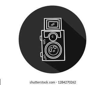 camera icon with long shadow, camera icon with modern line art style, hand drawn vector illustration.