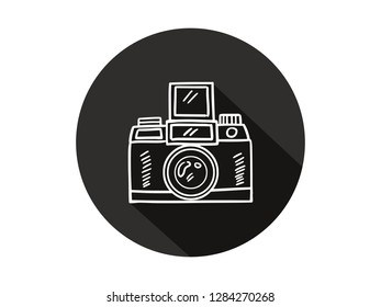 camera icon with long shadow, camera icon with modern line art style, hand drawn vector illustration.