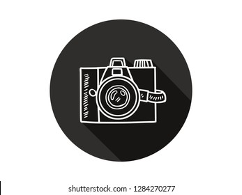 camera icon with long shadow, camera icon with modern line art style, hand drawn vector illustration.