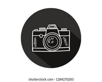 camera icon with long shadow, camera icon with modern line art style, hand drawn vector illustration.