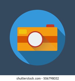 Camera icon with long shadow on the blue background. Vector design