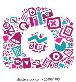 camera icon made of purple and blue media and communication icons