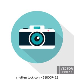 camera icon on a blue background. Modern flat style