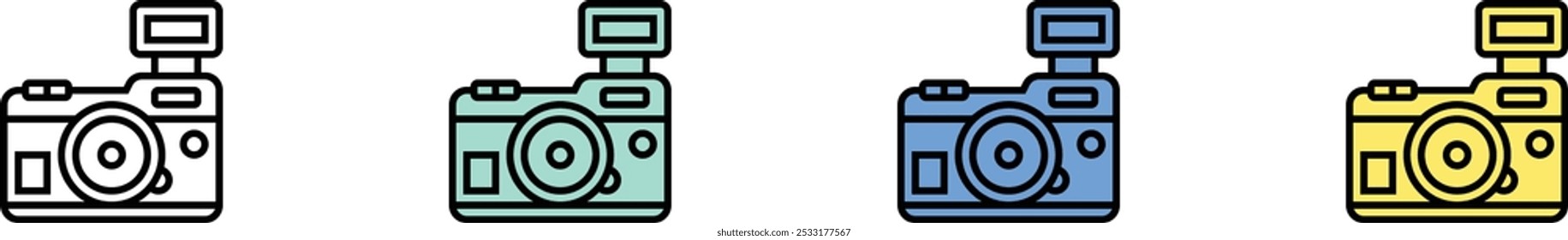 camera icon. Outline, Green, Blue and Yellow Style Design Isolated On White Background