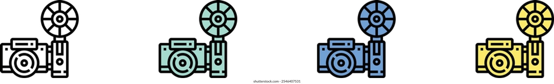camera icon. Outline, Green, Blue and Yellow Style Design Isolated On White Background