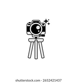 Icono de cámara con símbolos de foto, obturador y flash en estilo moderno plano y contorno.
