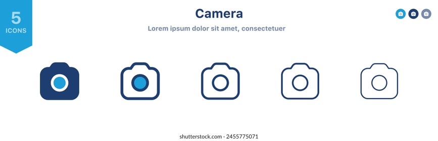 Camera icon, Photo camera symbol, snapshot icon in filled, thin line, outline and stroke style for apps and website	
