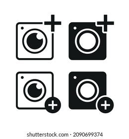 Icono de cámara con signo más. Añadir un icono de imagen de foto. Vector de ilustración