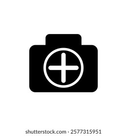 camera icon with plus sign, simple flat style, logo sign symbol vector illustration pictogram, isolated on white for mobile app